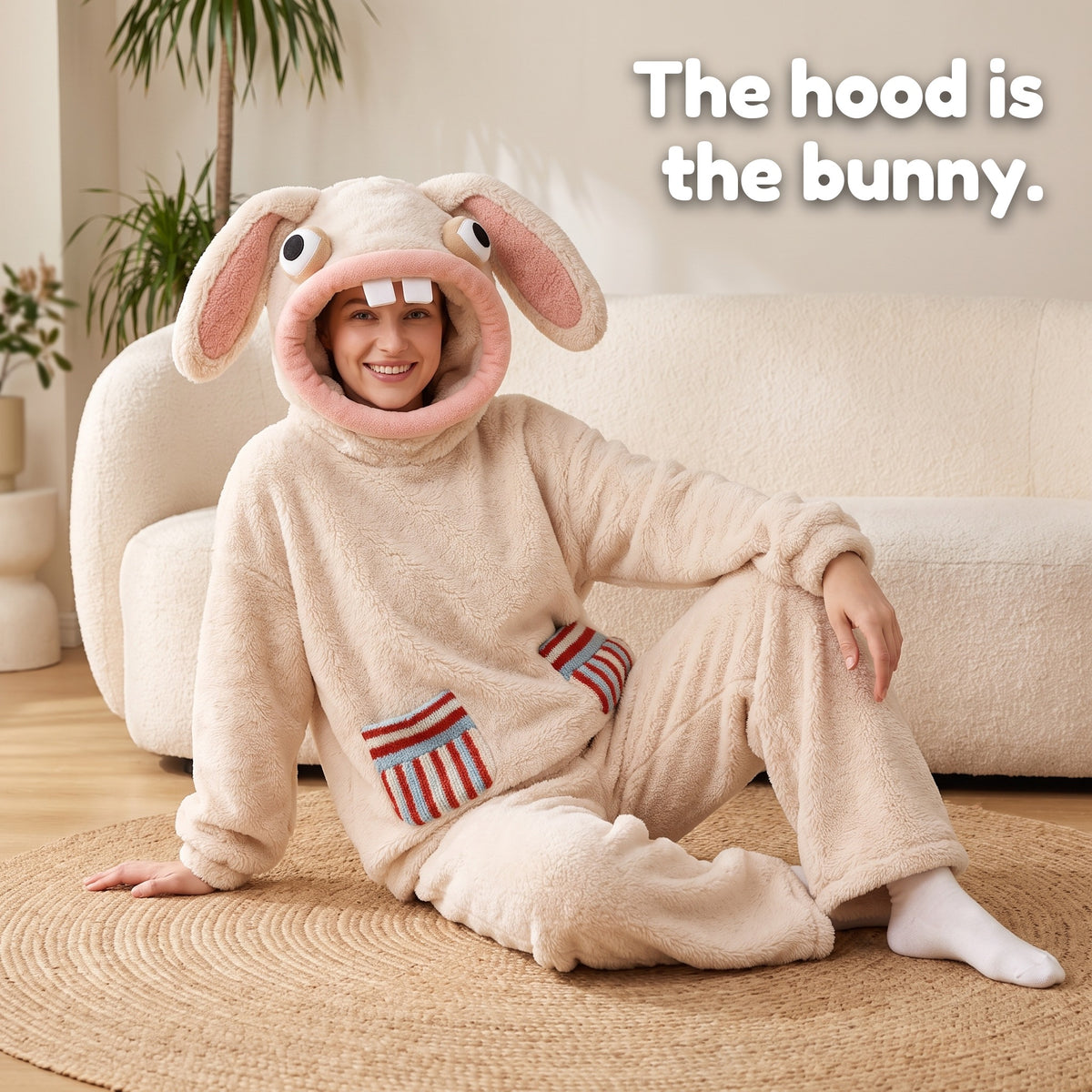 Hoppenstein bunny set in Cream, sitting on the rug