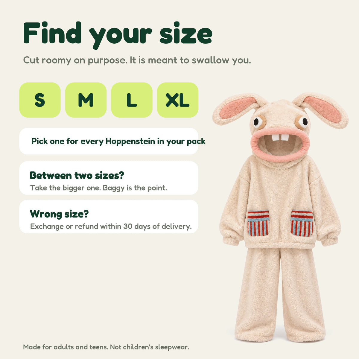Hoppenstein bunny set in Cream, size guide, S M L XL