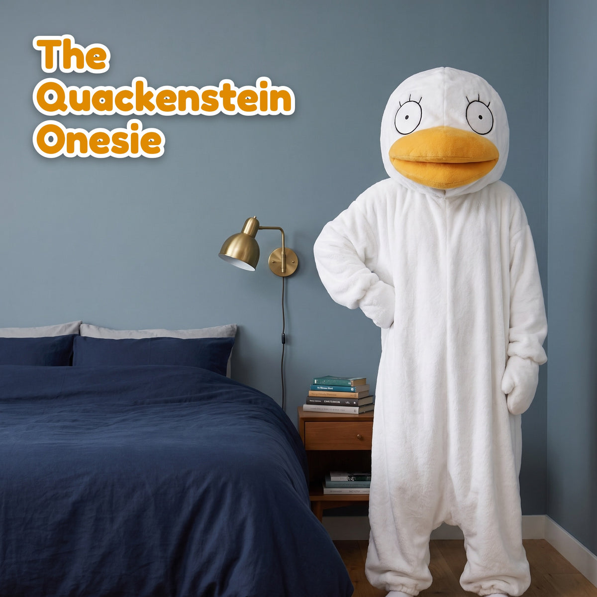 Quackenstein duck onesie in White, standing at home