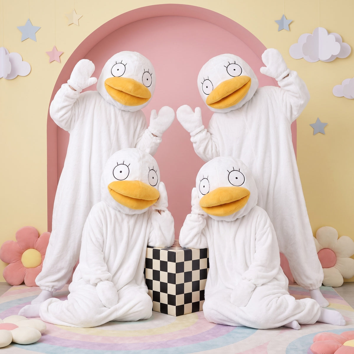 Quackenstein duck onesies, together in the studio