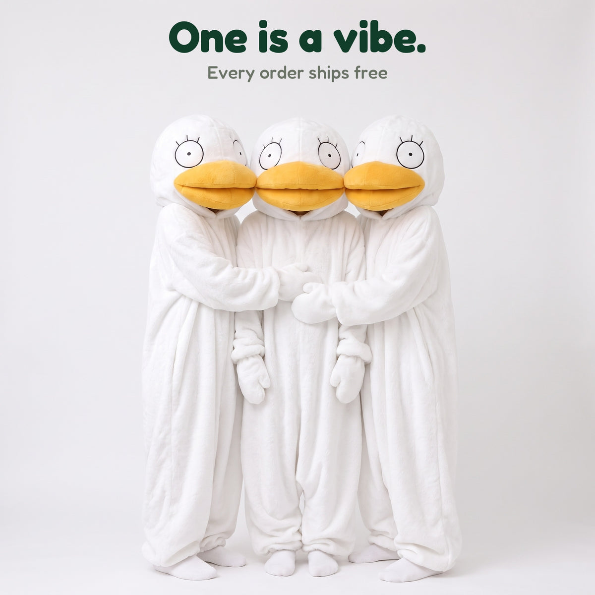 Quackenstein duck onesies, group photo, every order ships free