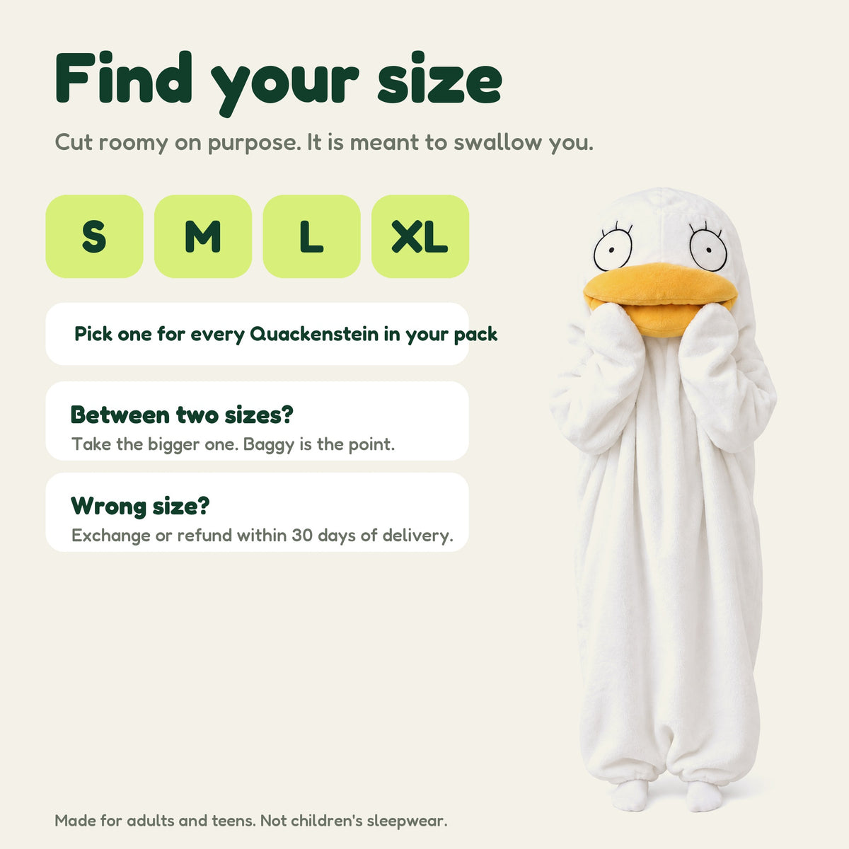 Quackenstein duck onesie in White, size guide, S M L XL