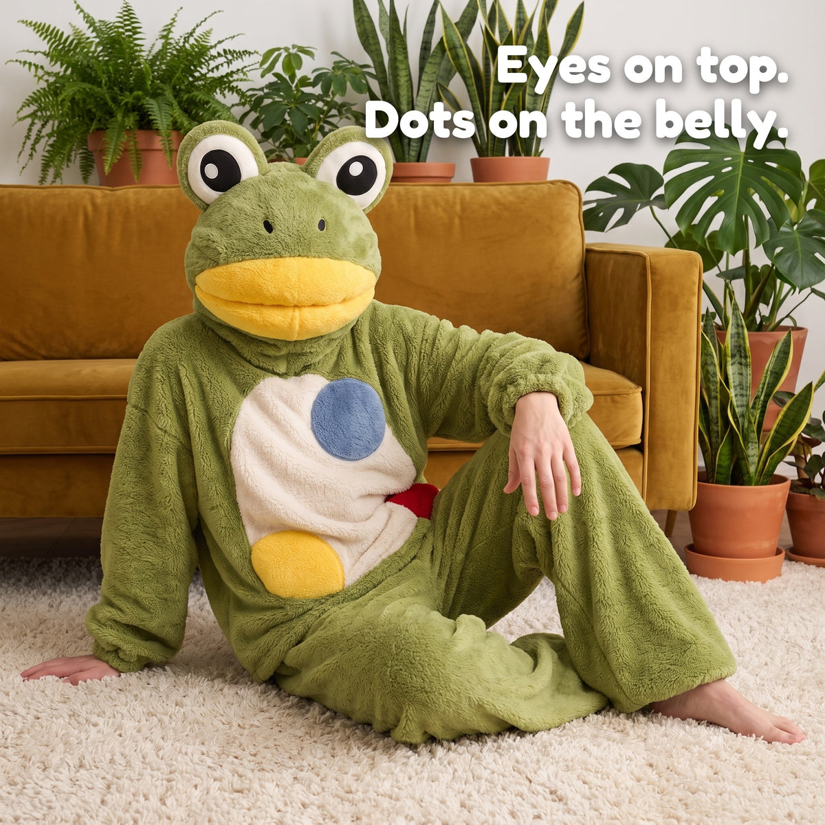 Croakenstein frog set in Green, sitting on the rug