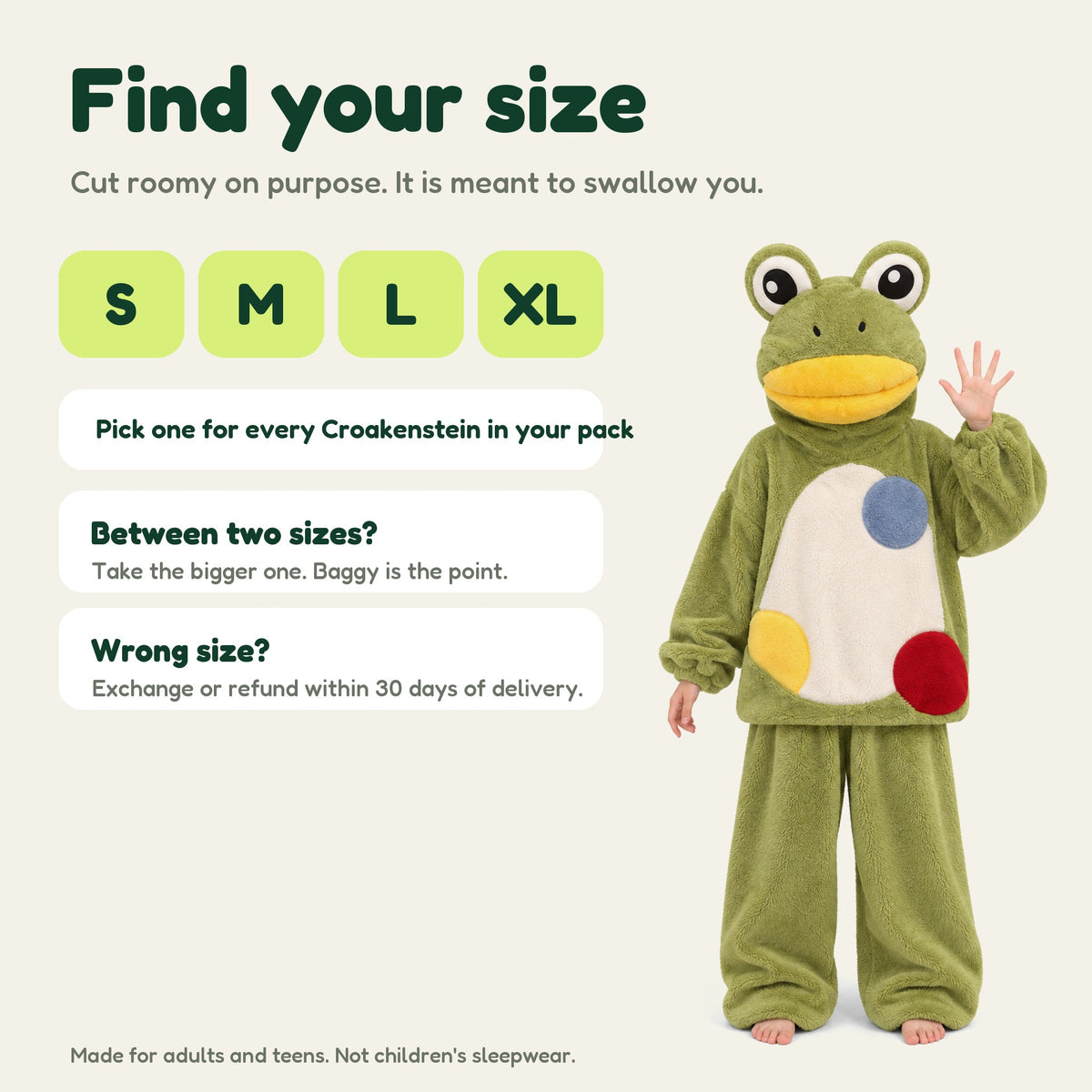 Croakenstein frog set in Green, size guide, S M L XL
