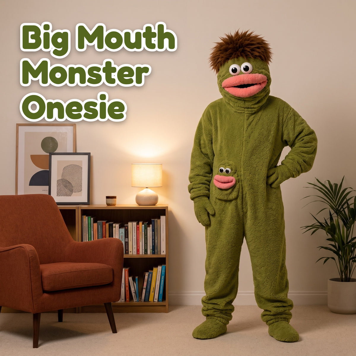 Big Mouth Monster onesie in Swamp Green, standing at home