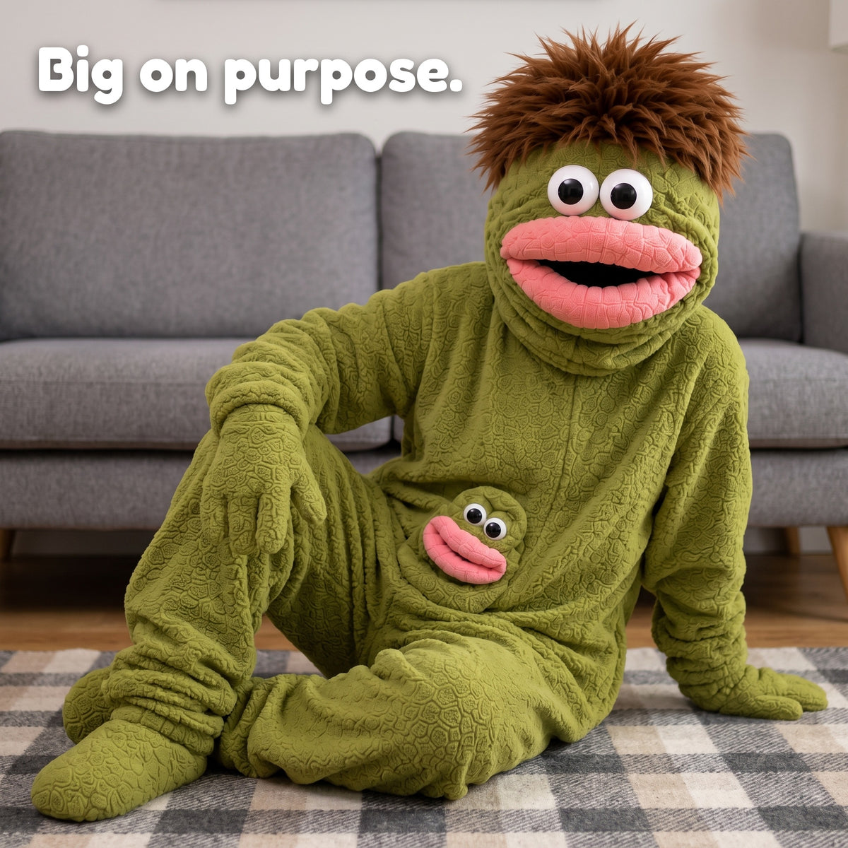 Big Mouth Monster onesie in Swamp Green, sitting on the rug