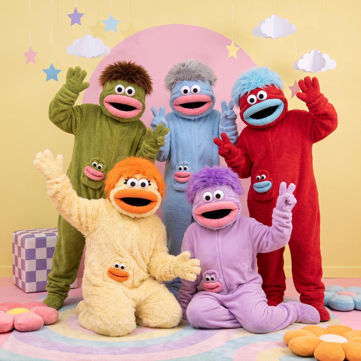 Big Mouth Monster onesies in five colors, together in the studio