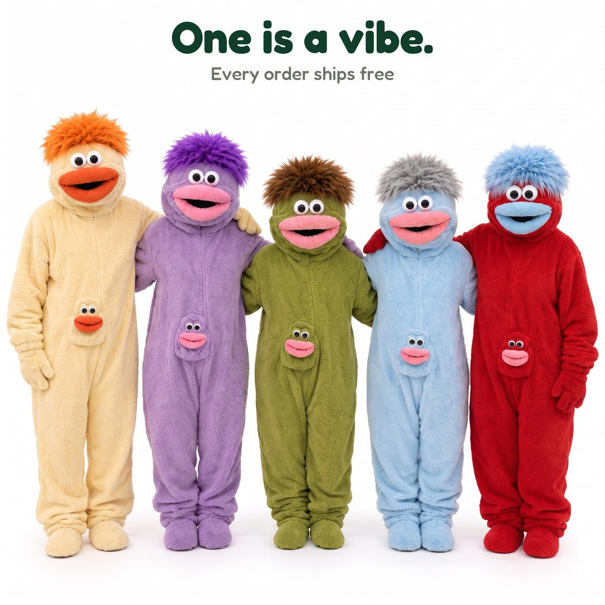 Big Mouth Monster onesies in five colors, group photo, every order ships free