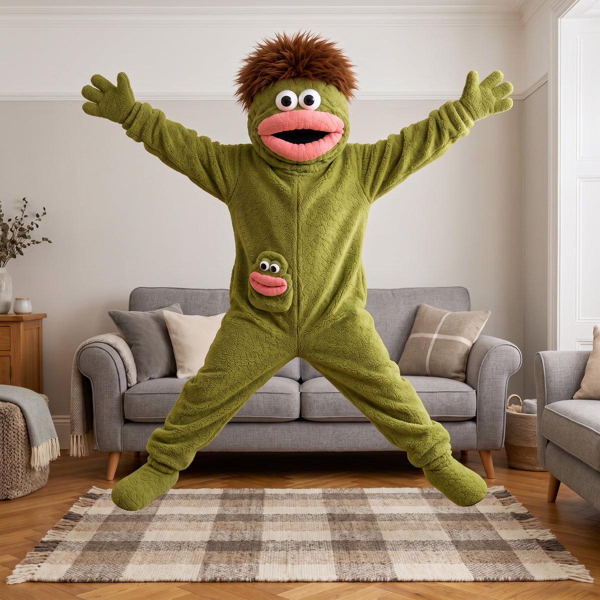 Big Mouth Monster onesie in Swamp Green, mid-air jump