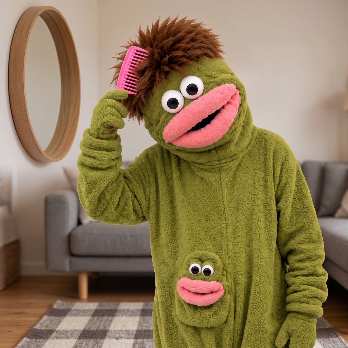 Big Mouth Monster onesie in Swamp Green, combing its hair with the pink fur comb