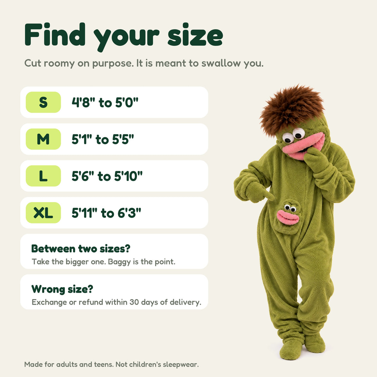Big Mouth Monster onesie in Swamp Green, size guide, S M L XL