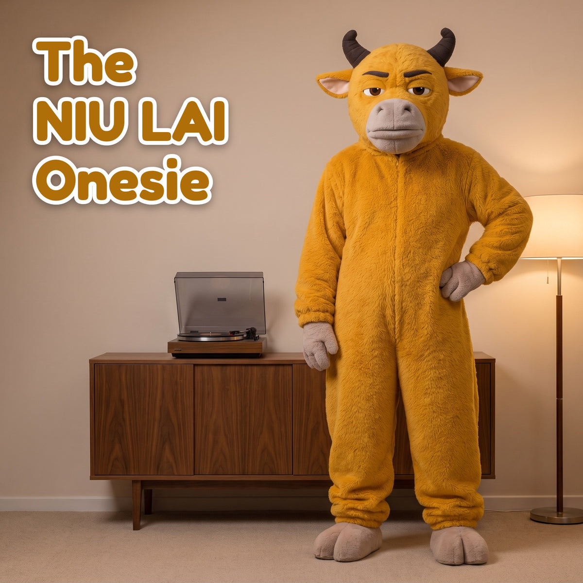 NIU LAI bull onesie in MOM, standing at home