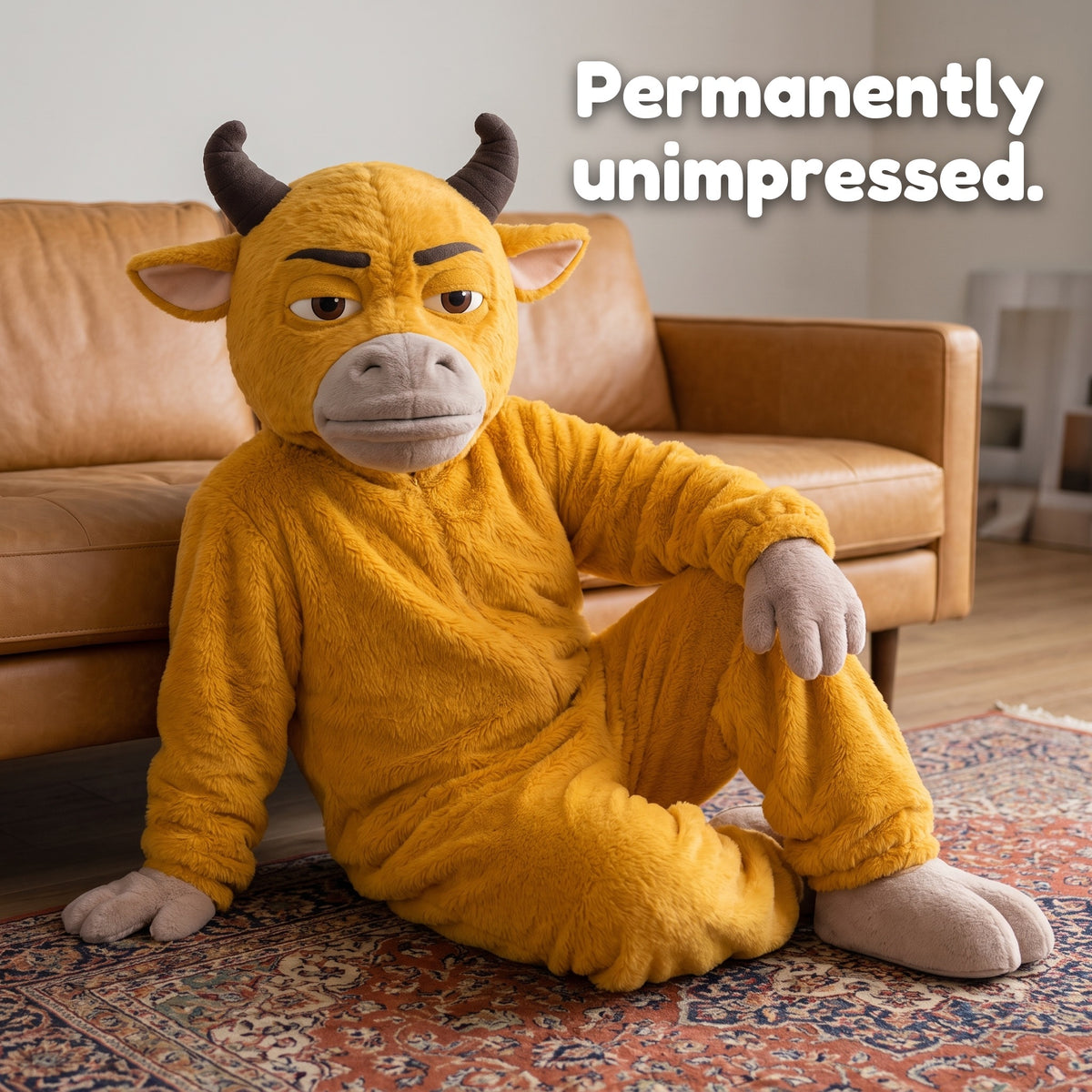 NIU LAI bull onesie in MOM, sitting on the rug