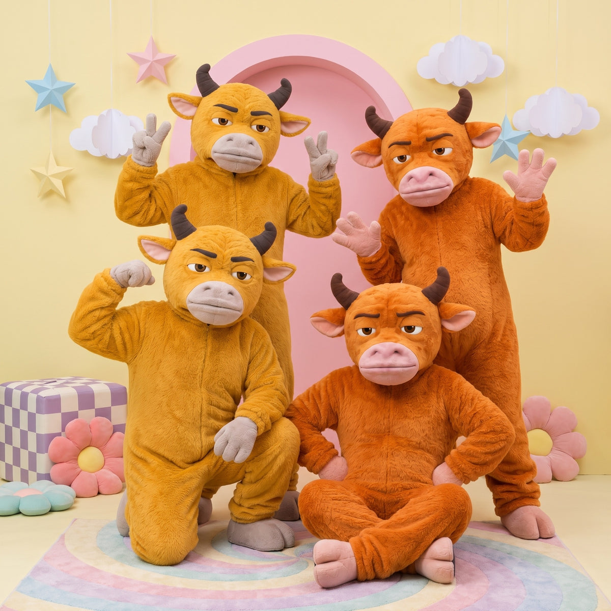 NIU LAI bull onesies in both colors, together in the studio