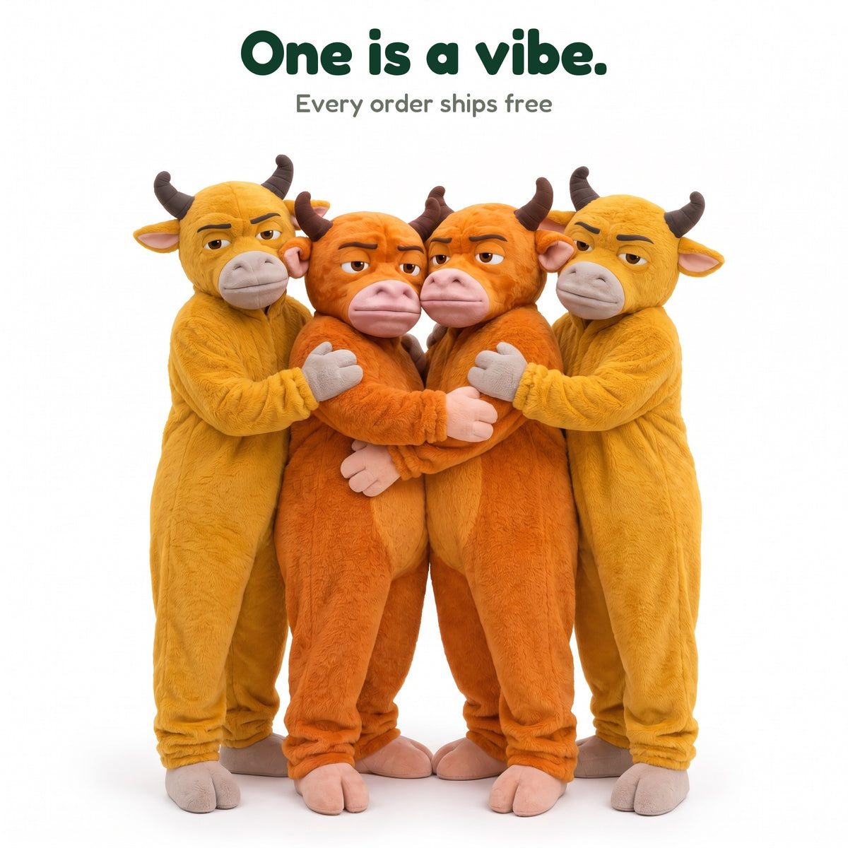 NIU LAI bull onesies in both colors, group photo, every order ships free