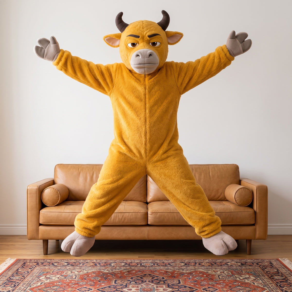 NIU LAI bull onesie in MOM, mid-air jump