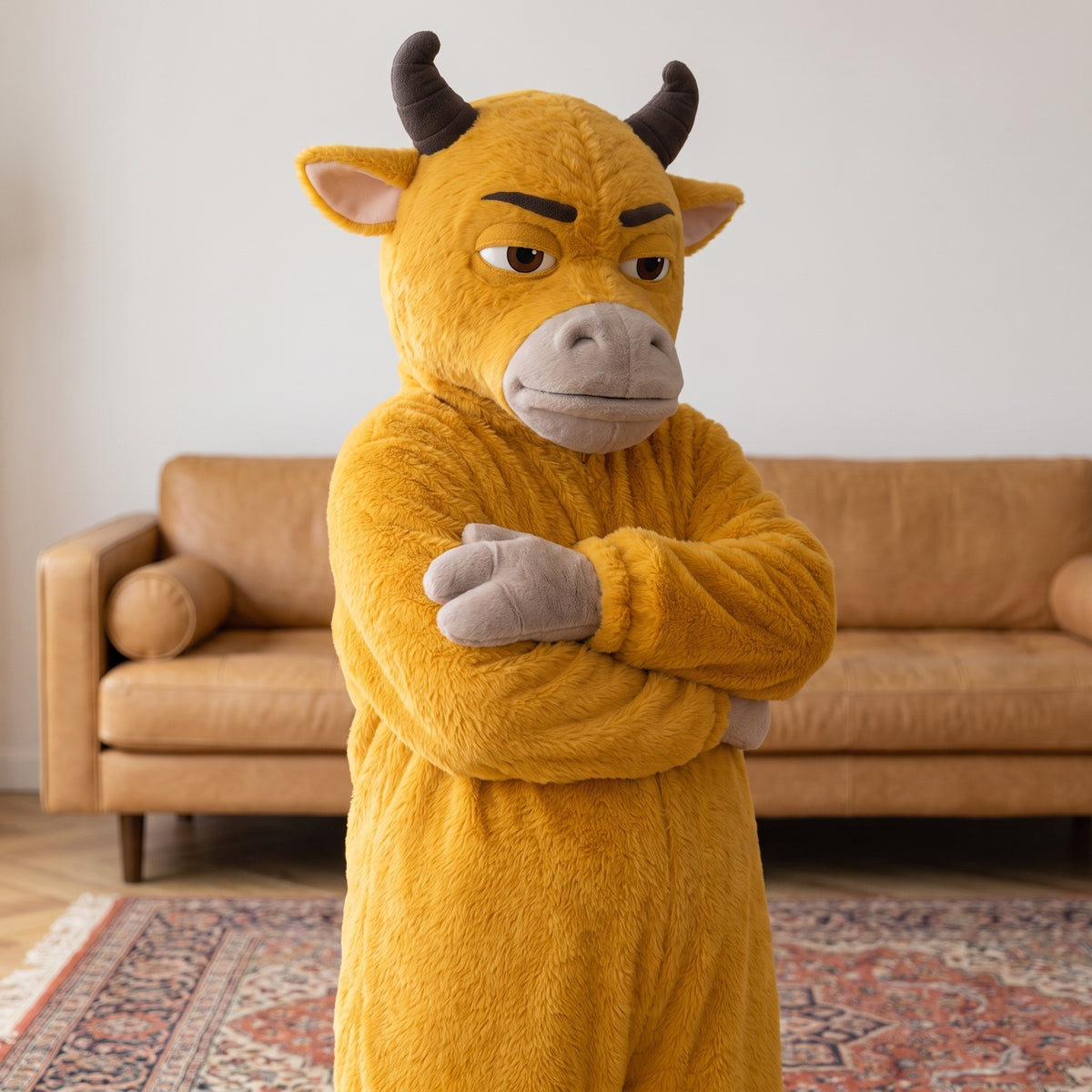 NIU LAI bull onesie in MOM, arms crossed, unimpressed