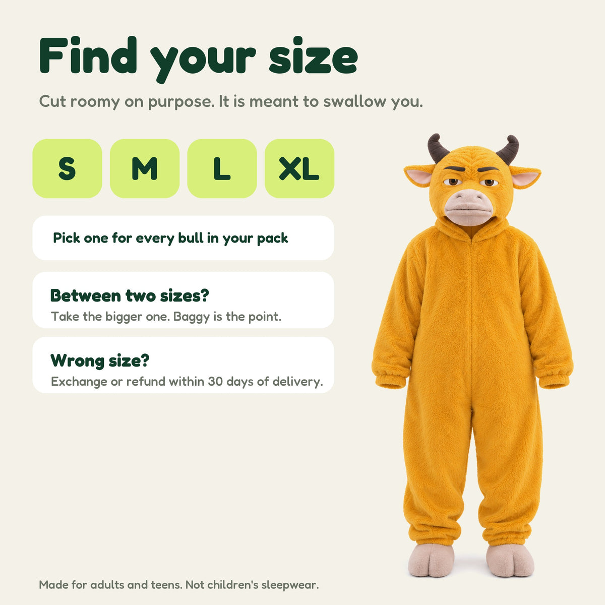 NIU LAI bull onesie in MOM, size guide, S M L XL