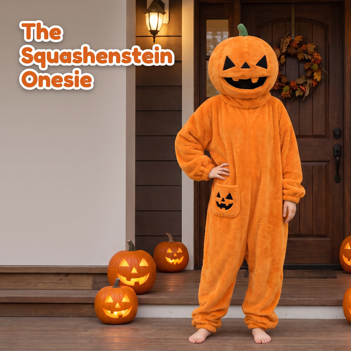 Squashenstein pumpkin onesie in Orange, standing at home