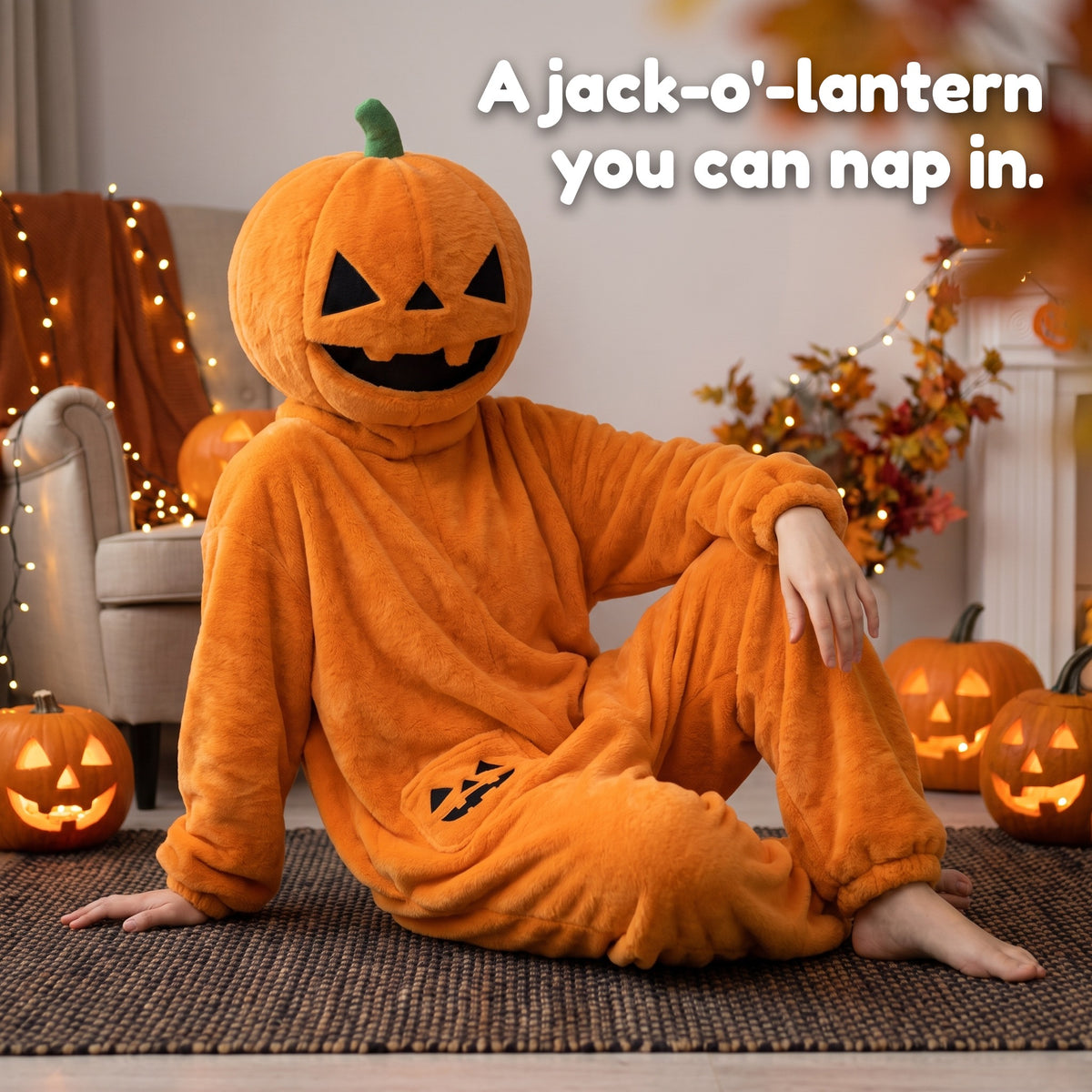 Squashenstein pumpkin onesie in Orange, sitting on the rug