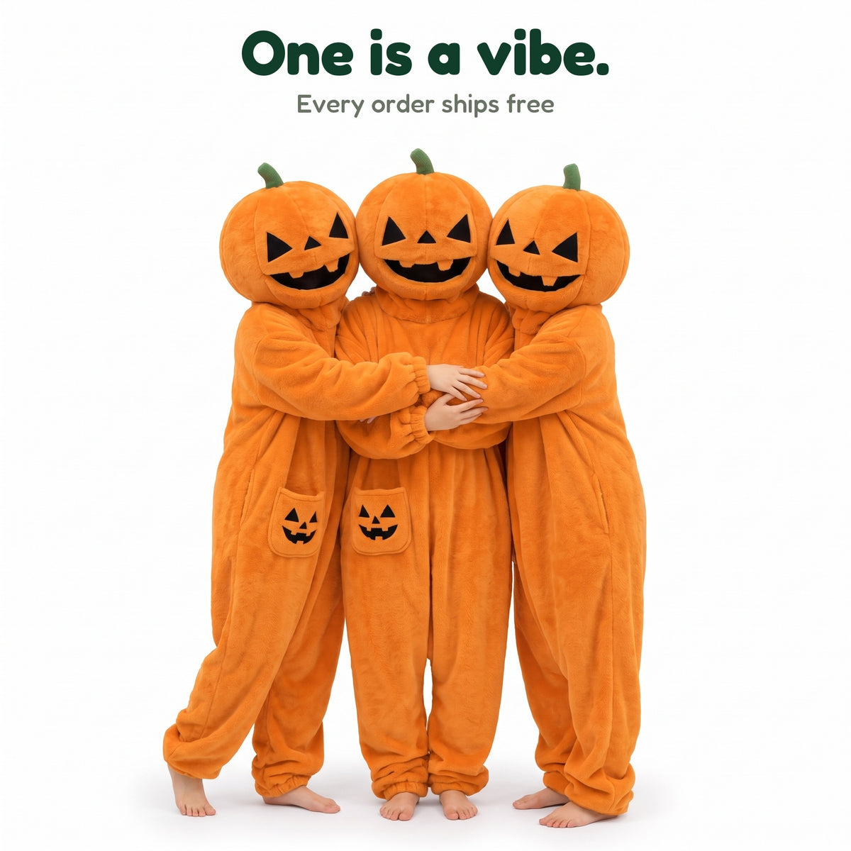 Squashenstein pumpkin onesies, group photo, every order ships free