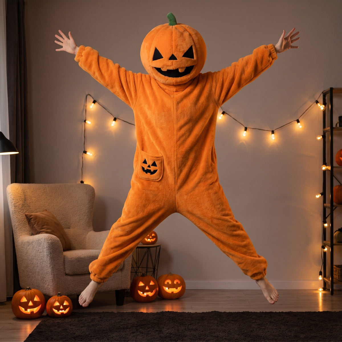 Squashenstein pumpkin onesie in Orange, mid-air jump