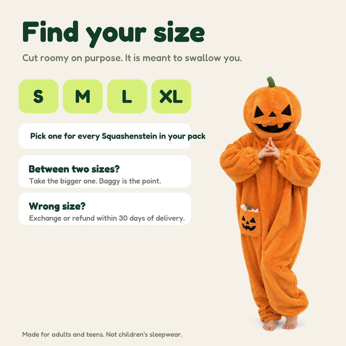 Squashenstein pumpkin onesie in Orange, size guide, S M L XL