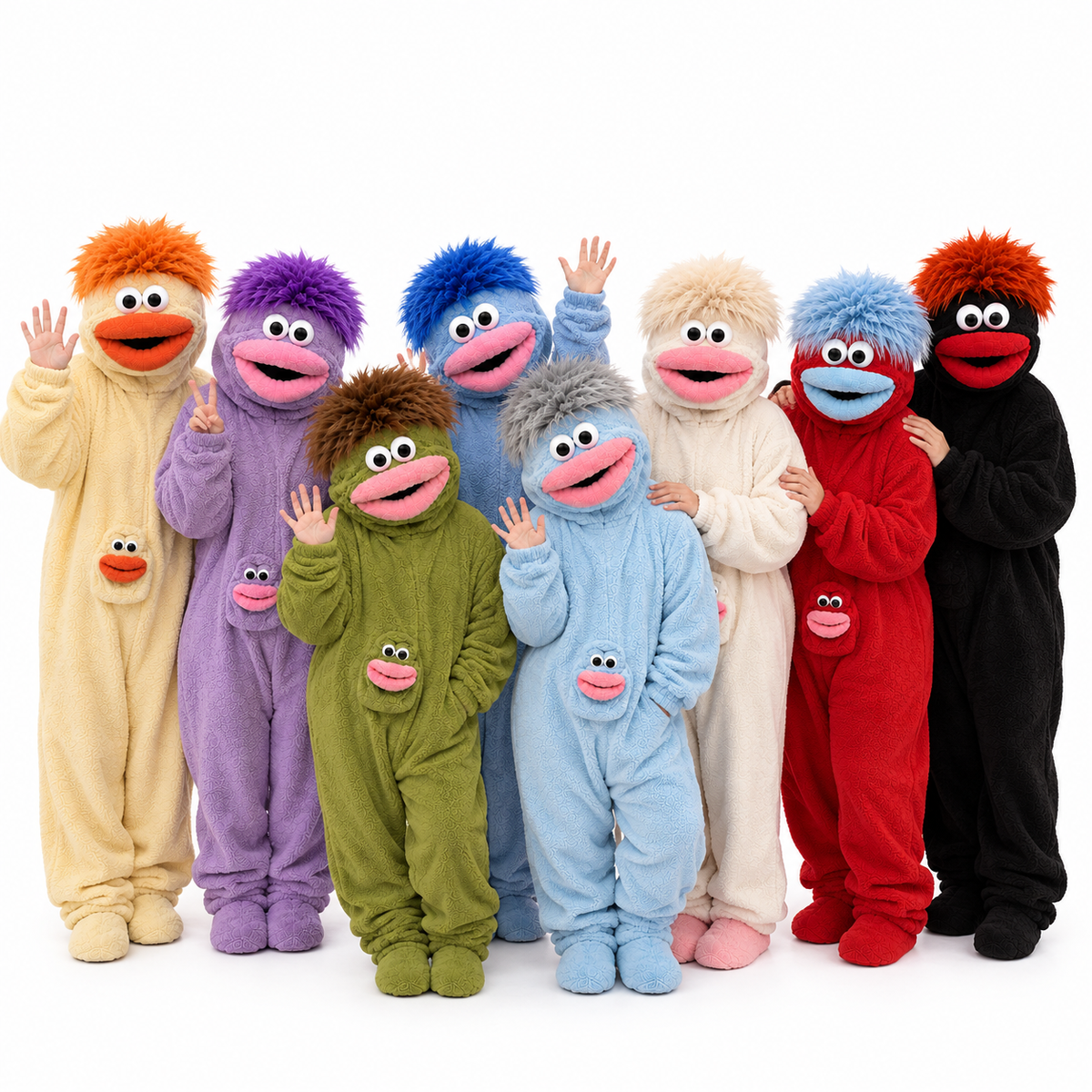 Big Mouth Monster onesies, all eight colors together