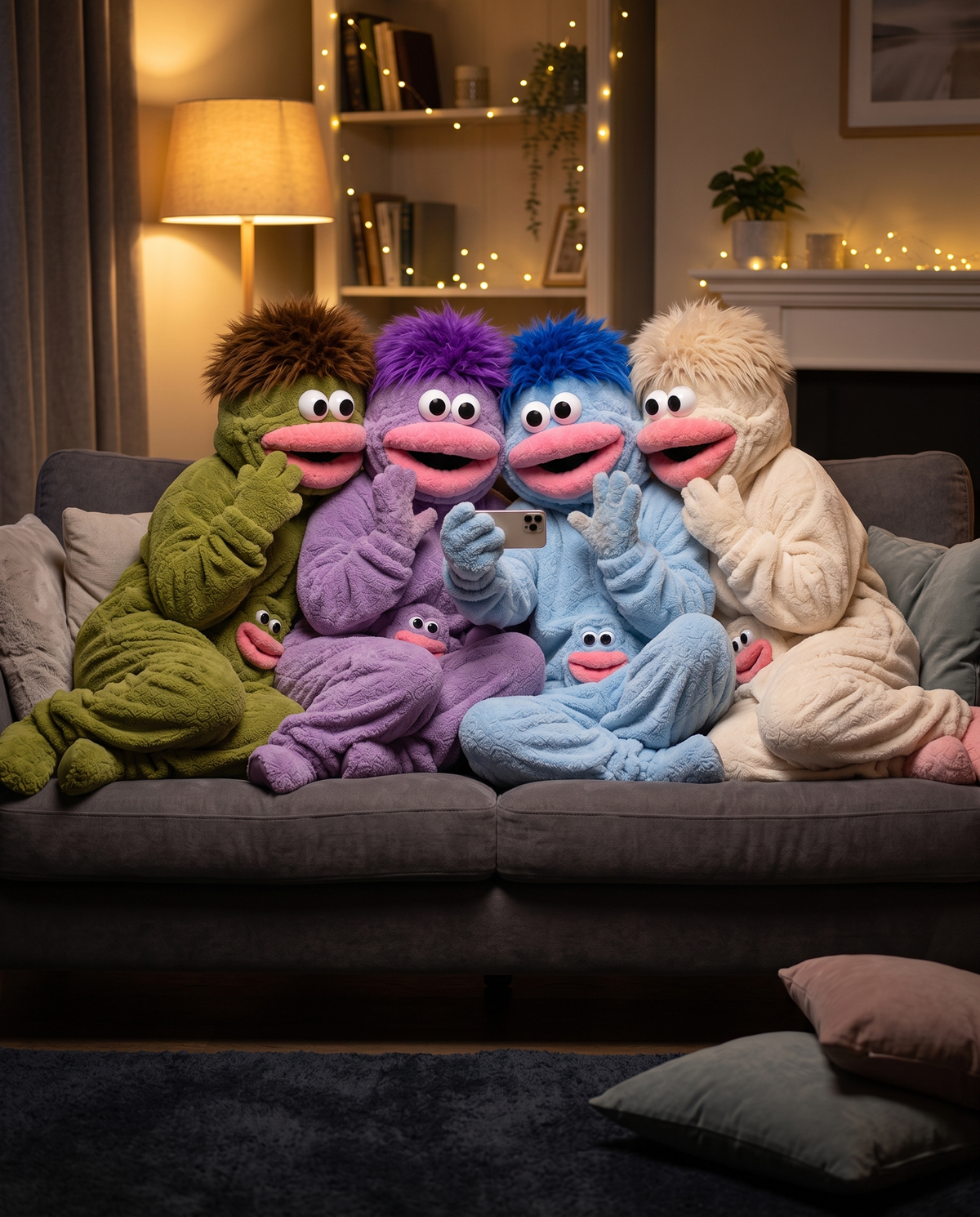 Four friends in Big Mouth Monster onesies taking a group selfie on a sofa