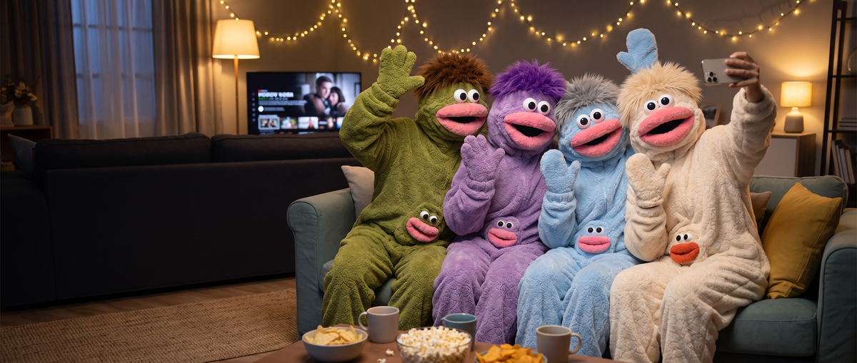 Four friends in Big Mouth Monster onesies taking a group selfie on a sofa