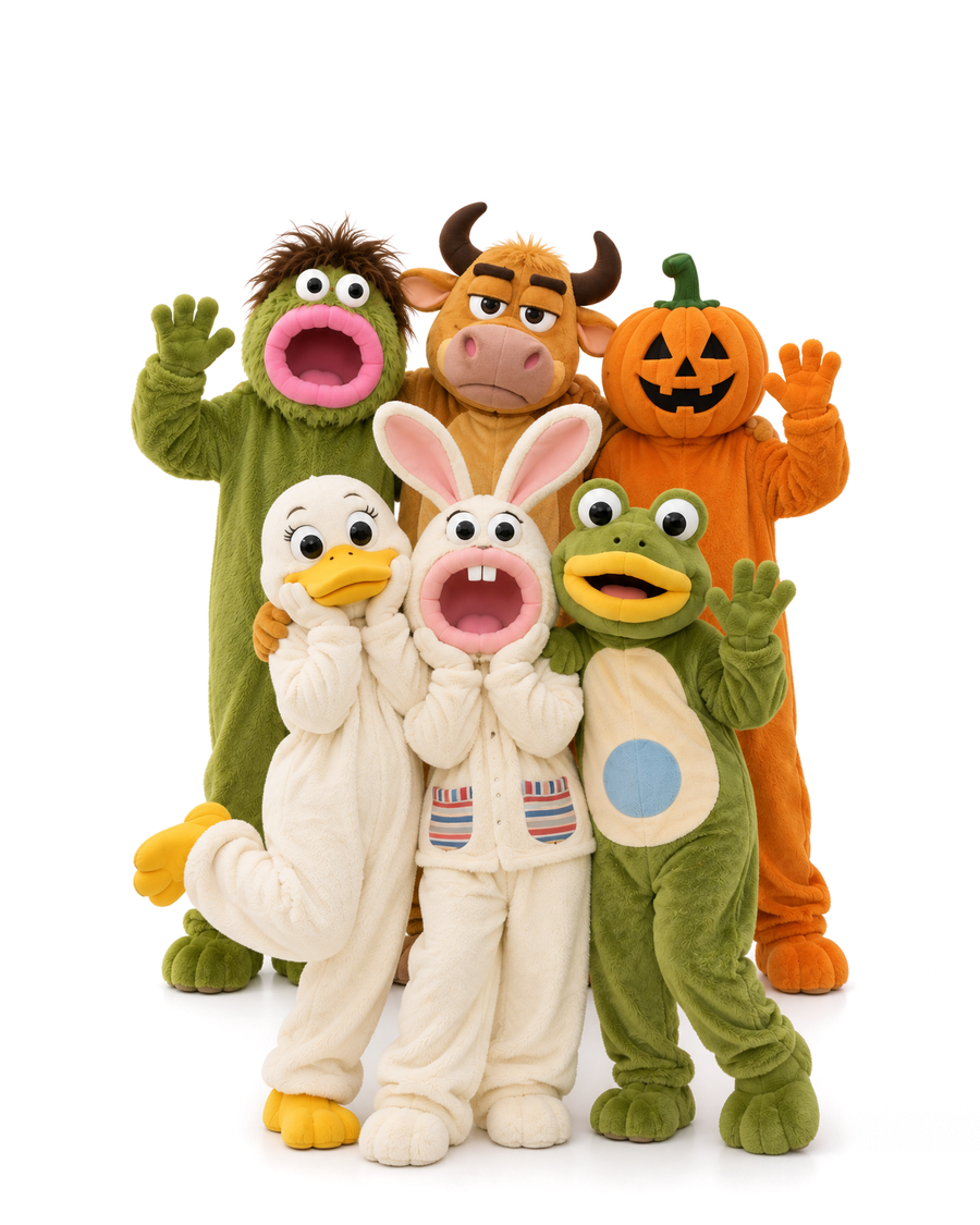Every QUELL character together: monster, bull, pumpkin, duck, bunny and frog