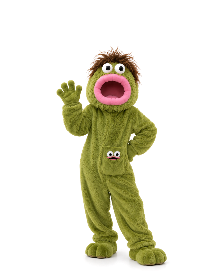 One green big-mouth monster suit, waving