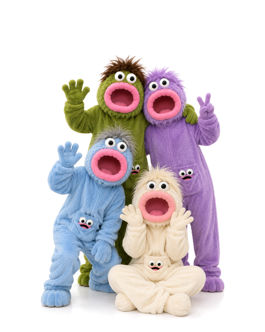 Four big-mouth monster suits in green, purple, blue and cream