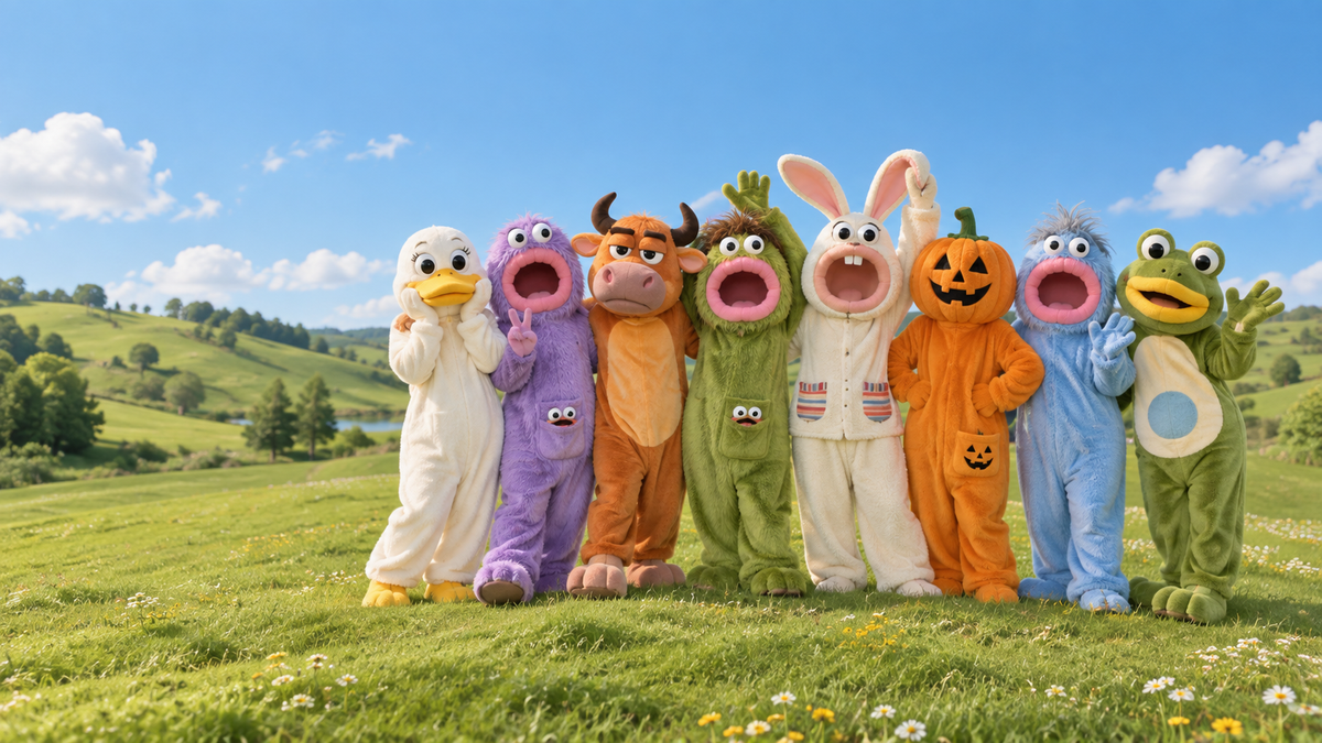 The QUELL lineup: duck, monsters, bull, bunny, pumpkin and frog suits waving in a sunny field