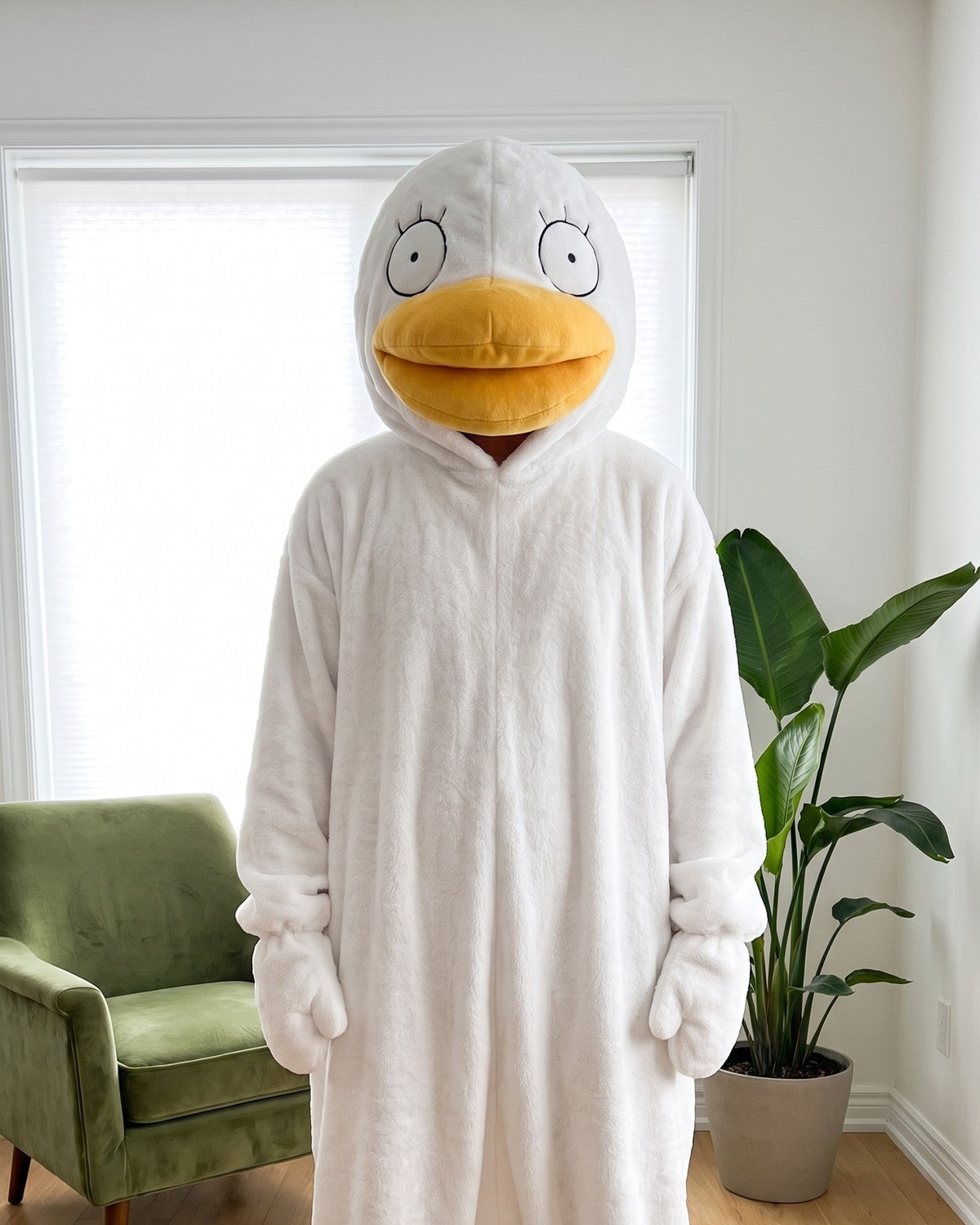 Quackenstein duck onesie worn at home