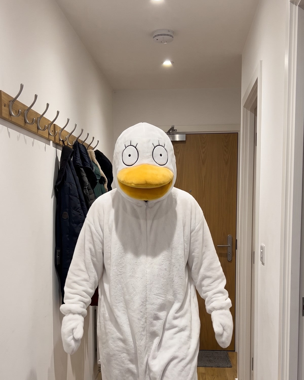 Quackenstein duck onesie worn at home