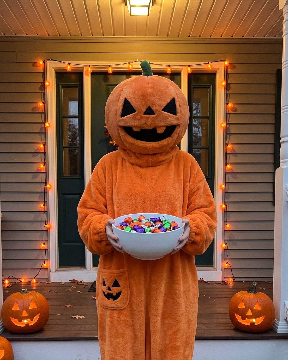 Squashenstein pumpkin onesie worn at home